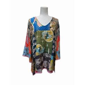 JOHNNY WAS Samantha Blouse Asian Samurai Boho Patchwork Print 3/4 Sleeve Large